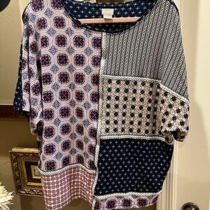 Chico's Short Sleeve Patchwork Boho Tee Top, 2 Large